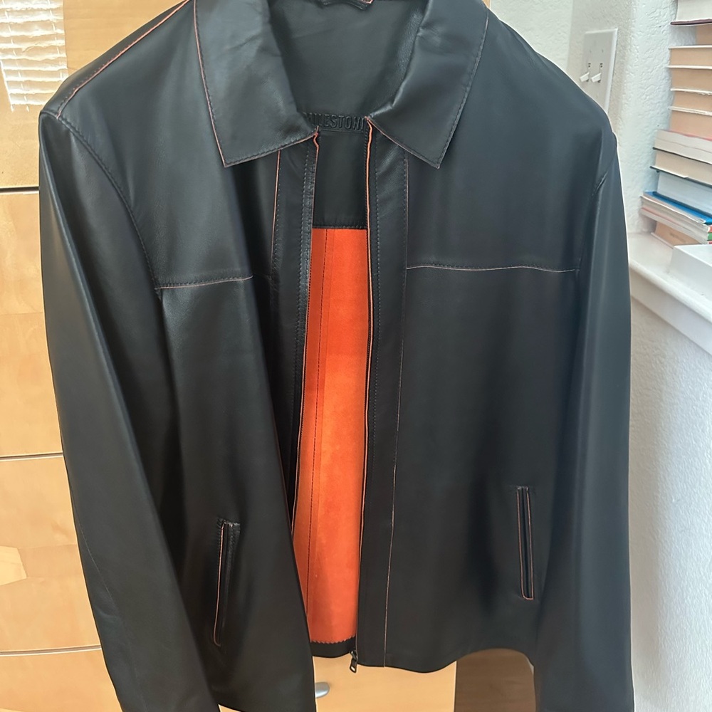Black Lamb Leather Jacket with Orange Lining and zipper